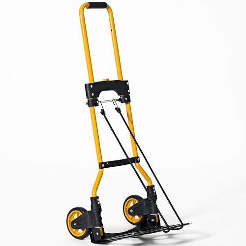 soges Carretilla Plegable Acero con Cuerda Extensora Carro de Mano Portátil para Transporte Retráctil Carro Plegable con Ruedas Equipaje para Hogar Jardín Carga, Maxima 60kg Amarillo