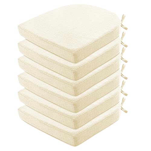 Image of Wellsin Chair Cushions for Dining Chairs 6 Pack - Kitchen Chair Cushions with Ties and Non-Slip Backing - Dining Chair Pads 16 inchX16 inchX2 inch, Beige