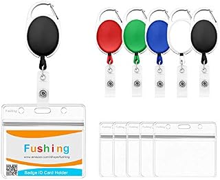 Fushing 5pcs ID Badge Holders PVC Card Holders with 5pcs Assorted Color Retractable Badge Carabiner Reel Clips Badge Reels (Horizontal)
