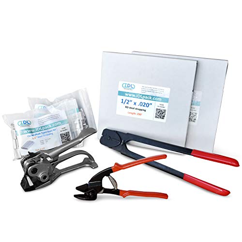 Image of IDL Packaging 1 /2 inch x 400' Steel Banding Strapping Kit, 1100 lbs Break Strength - Premium Heavy-Duty Banding Tool for Pallet Strapping