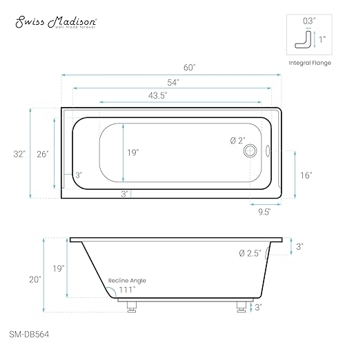 Image of Swiss Madison Voltaire 60 inch x 32 inch Right-Hand Drain Alcove Bathtub