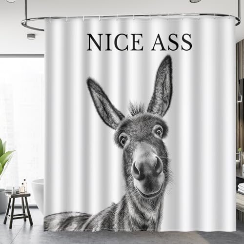 Image of Funny Donkey Nice Ass Shower Curtain Gag Gift Farmhouse Decor Animal Black and White Novelty Sarcastic Rustic Bathroom Bath Decor Bathtub Curtain Fabric Shower Curtain Set with 12 Hooks, 72 inchx72 inch