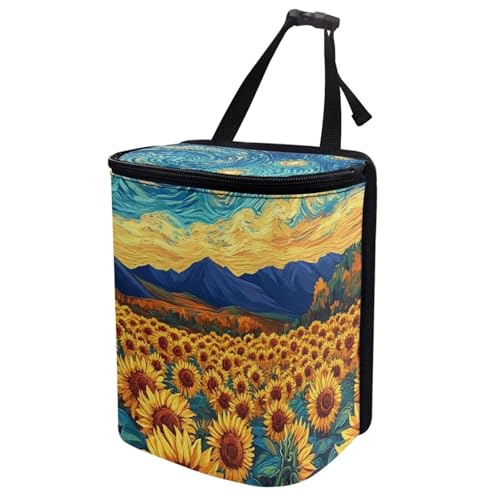 Image of Sunflowers Pattern Car Trash Can with Lid Car Trash Bag Bin Hanging Waterproof Garbage Cans Leak Proof Vehicle Trash Can Multipurpose Storage Container for Back Seat Road