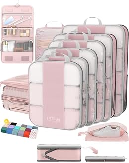 OlarHike 10-Pack Compression Packing Cubes for Travel Essentials,Compressible Expandable Packing Cubes for Suitcase,Luggage Garment Bags for Travel,Handy Helper for Organizing Clothes(Pink)
