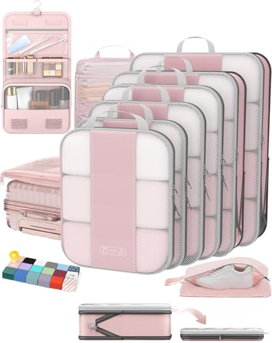 Image of OlarHike 10-Pack Compression Packing Cubes for Travel Essentials,Compressible Expandable Packing Cubes for Suitcase,Luggage Garment Bags for Travel,Handy Helper for Organizing Clothes(Pink)