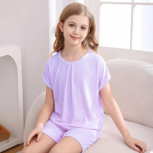 V.&GRIN Girls Women Pajama Set, Summer Ribbed Knit 2 Piece Short Sleeve Sleepwear Mommy and Me Matching Pjs Sets2