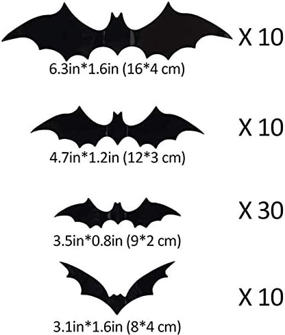 60PCS Halloween 3D Bats Decoration, DIY Scary Wall Bats Wall Decal Wall Stickers 4 Different Sizes Realistic PVC Scary Bat Sticker for Halloween Party Decoration Supplies