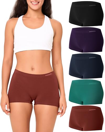 BAMBOO COOL Women's Boyshort Panties Seamless Mid Waist Underwear Stretchy Moisture Wicking Boxer Briefs for Ladies 5 Pack