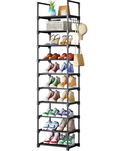 Kitsure Shoe Rack - 10-Tier Shoe Organizer with Detachable Fabric Shelves & Metal Frame, Tall Shoe Rack for Closet, Entrance, Living Room, 16.9" x 11.8" x 68.5", Black