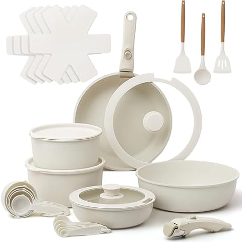 Wiztoynia 28Pcs Pots and Pans Set Non Stick, Cookware Set Detachable Handle, Space Saving Pots Set, Induction RV Kitchen Cooking Set, Oven Safe, Stackable Nonstick Set with Frying Pans, Cream White Cover