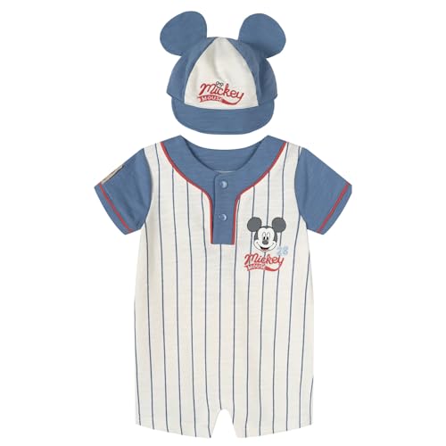 Image of Disney Mickey Mouse Baby French Terry Baseball Romper and Hat Athletic Outfit Set Newborn to Infant Sizes (0-24 Months)