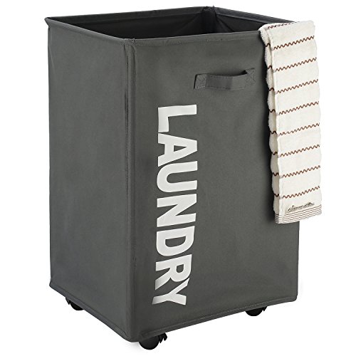 Caroeas Laundry Basket on Wheels, Slim Laundry Hamper Collapsible with Note Cards Waterproof Corner Hamper with Lid Breathable Mesh Cover (Slim 22 inch,Beige)