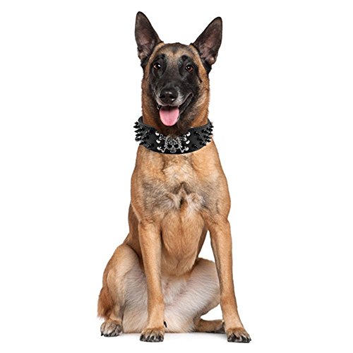 Beirui Spiked Leather Dog Collar - 3 Rows Bullet Rivets Studded PU Leather - Cool Skull Pet Accessories Best Choice for Medium and Large Dogs,Black 15-18" - Thumbnail 3