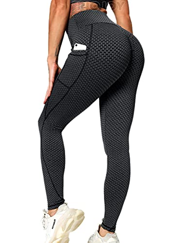 RIOJOY Leggings de cintura alta para mujer 3D malla de punto fruncido levantamiento de glúteos de panal de yoga