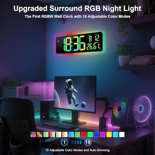Image of 17.3 inchLarge Digital Wall Clock 15 Color Modes Display 8 Color Night Light | Large Number, Elderly-Friendly, Auto-Dimming /DST, Wall Mounted for Home Garage Gym Classroom Office,Gift for Senior Mom Dad