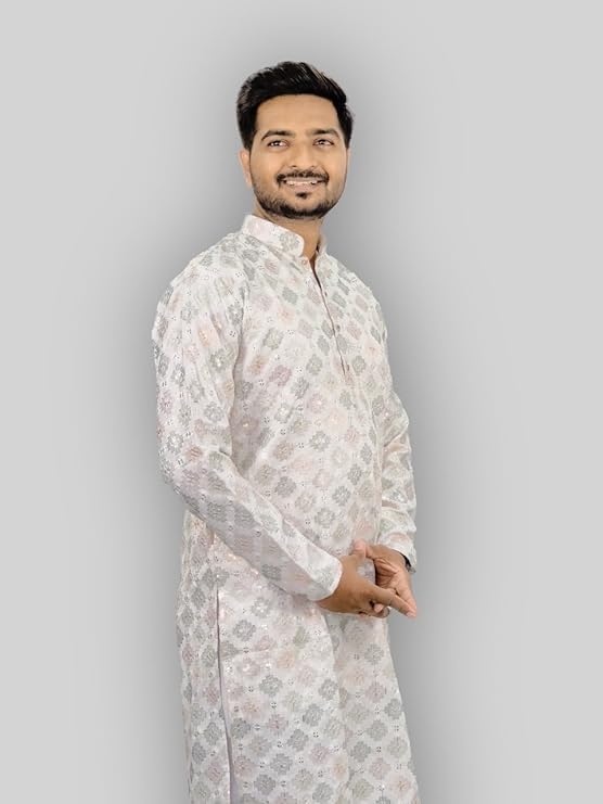 KNETLI Men's Cotton Embroidery Kurta Indian Festival Traditional Wear2