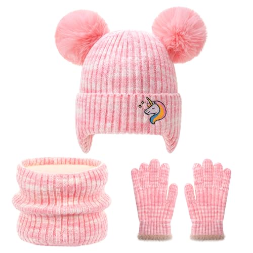 FENELY 3Pcs Kids Winter Hat Scarf Gloves Set, Children Knit Warm Ear Cap with Gloves Neck Warmer for Boys Girls 3-10 Years