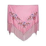 Carnavalife Mantón con Bordados de Sevillana para Fiesta de Baile, Flamenco y Ferias, Color Negro Rojo y Blanco (Rosa, Grande)