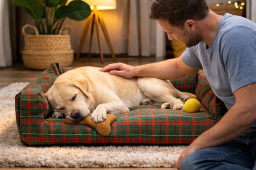 Image of SITSNOOZE Medium Dog Bed (5 to 10kg) for Beagle, Pug, French Bulldog - Extra Soft Washable Lounger Cushion, Orthopedic Mattress, Waterproof Anti-Slip Base Luxury Cotton Pet Bed (Print 7, M)