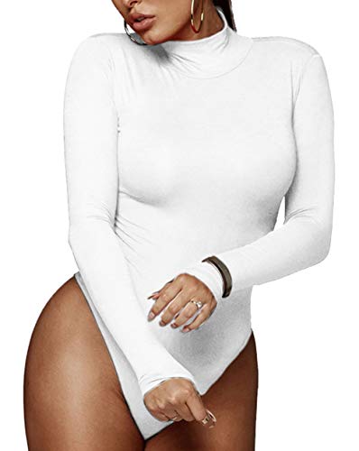 PALINDA Women's Mock Turtleneck Long Sleeve Bodysuit Leotard Stretchy Basic Layering Tops(M,White)