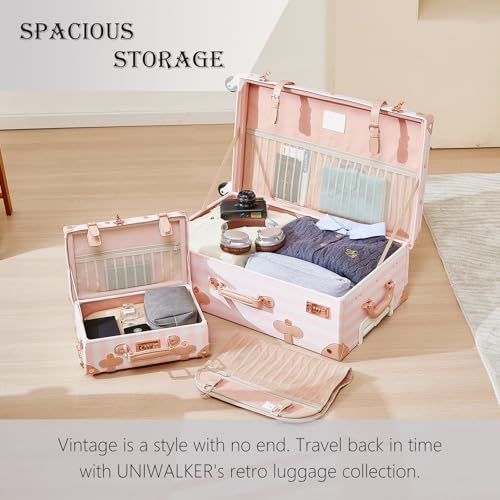 Image of UNIWALKER Vintage Luggage Set of 3, Retro Spinner Trunk with Combo Lock for Women, Cute Designer Travel Suitcase Set with Train Case, 26 inch+20 inch+12 inch, Pink Strip