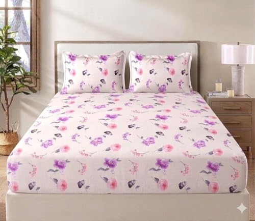 Image of 240 TC Cotton Feel Glace Cotton Elastic Fitted Printed King Size Double Bed Bedsheet with 2 Pillow Covers and Fits Upto 4-6 inches Mattress, Size- 72 inchx78 inch(Lily2)