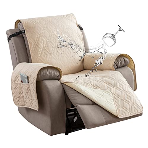 Genina Waterproof Recliner Cover Non-Slip Pet Cover Sofa Slipcover, Reclining Chair Cover With Pocket Recliner Slipcover Furniture Protector With Elastic Straps(Beige, 23'') #TOP3