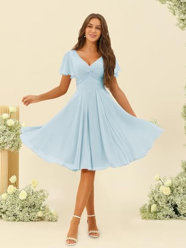 Miao Duo Women's Pleated Chiffon Flutter Sleeves Bridesmaid Dresses with Pockets V Neck Short Formal Dress YZTS2414