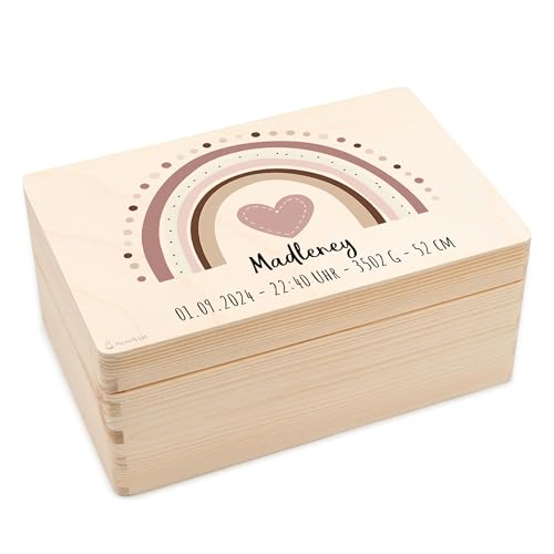 Erinnerungskiste Baby Mädchen/einzigartige Holzkiste personalisiert/Holz 30 x 20 x 14 / Erinnerungsbox Baby - Taufgeschenke für Mädchen - Regenbogen Boho mit Namen und Geburtsdaten