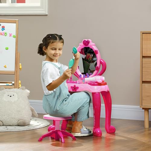 Qaba Kids Vanity Set with Mirror and Stool, Girls Makeup Table with Light and Sound, 15 Accessories, Pretend Play Set with Hair Dryer for 3-6 Years, Pink