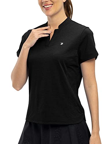 Rdruko Women's Golf Polo Shirts Short Sleeve Dry Fit V Neck Tennis Tops Upf 50+ Athletic Workout Collarless T Shirts, Black, Xl #TOP1