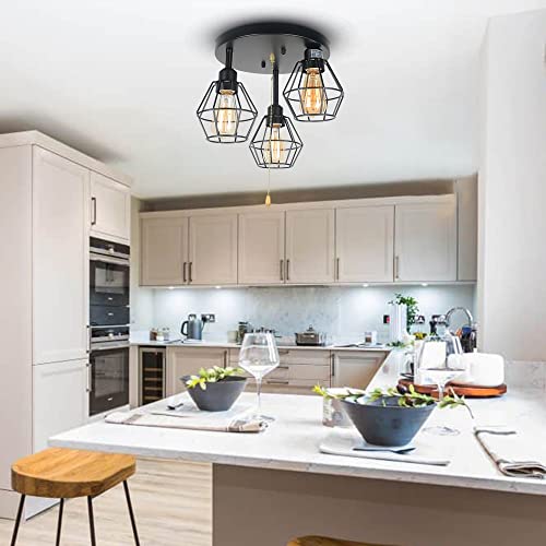 Baiwaiz Industrial Pull Chain Ceiling Light Fixture, Black Metal Cage Semi Flush Mount Lighting With Pull String Modern Steampunk Entryway Kitchen Light 3 Lights Edison E26 Bw17154 #TOP6