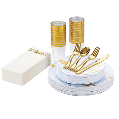 200Pcs Famgather White And Gold Plastic Plates Disposable Dinnerware Set Idea For 25 Guests Marble Design White Gold Plastic Plates For Party Weddings Thanksgiving Christmas #TOP21