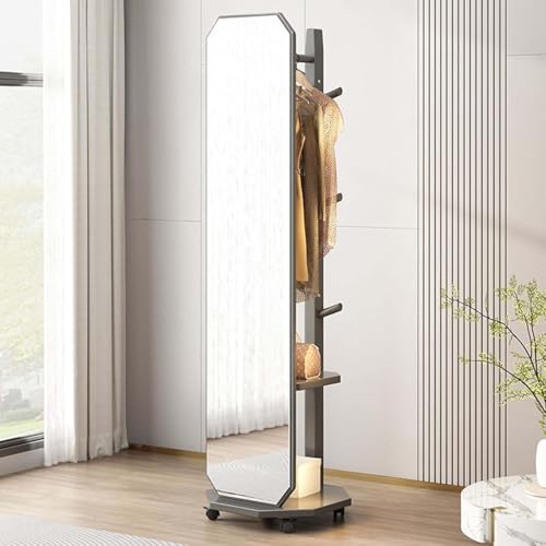 Espejo de longitud completa con perchero y ruedas, rotación de 360 grados, diseño 2 en 1 para sala de estar, dormitorio y apartamento