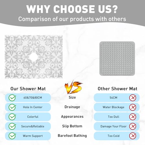 Image of Square Shower Mat Non Slip: 32 x 24 Inch Extra Large Shower Mats with Drain Hole in Middle - PVC Loofah Anti Slip Shower Floor Matt for Inside Shower