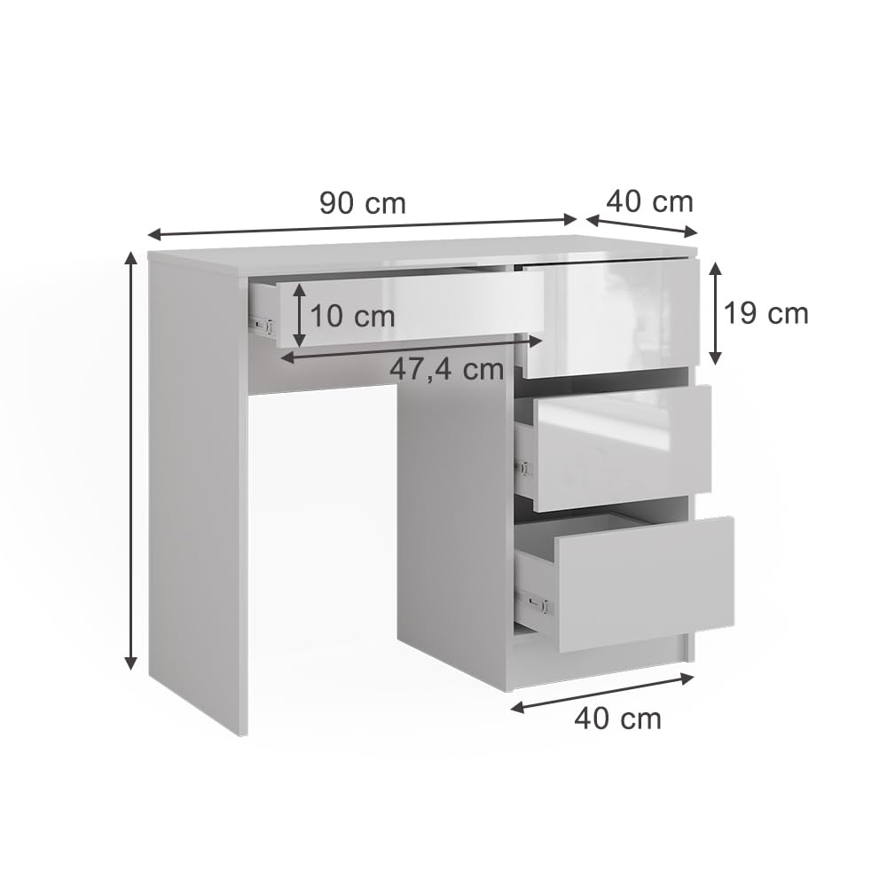 Vicco Bureau Sherry, Blanc Haute Brillance, 90x40cm | avec tiroirs, adapté à une utilisation peu encombrante dans les petits espaces de travail
