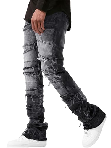 Mens Stacked Jeans Stretchy Distressed Patchwork Slim Fit Straight Leg Denim Pants Hip Hop Trousers Streetwear