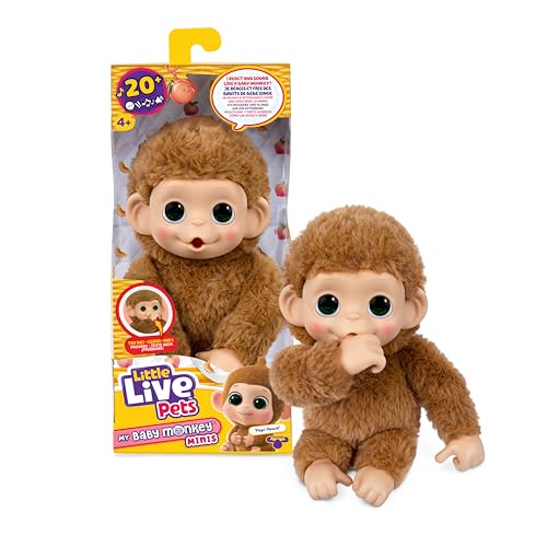 Image of Little Live Pets Baby Monkey Minis – Pepi Peach. Interactive Pet Toy. 20+ Sounds & Reactions. Soft Brown Fur, 7.4" Tall. Super Realistic. Feed, Nurture, React. Grippy Hands & Feet. Collect All 3