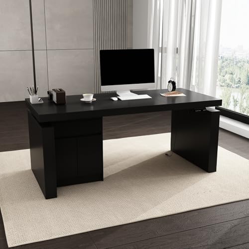 Image of FUFU&GAGA 70.9 inch Large Standing Desk with Drawer, Electric Height Adjustable Desk with File Cabinet, Executive Computer Table, Sit Stand Desks, for Home Office, Black, 70.9 inchW x 31.6 inchD x 29.5 inch-44 inchH