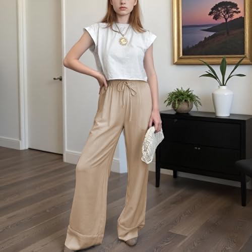 Ainangua Women Linen Palazzo Pants Casual Elasticated Drawstring Waist Wide Leg Trousers Trendy Beach Travel Outfits(Khaki,L)3