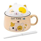 Tsreinh Ramen Bowl Set with Chopsticks, Cute Cat Instant Ramen Noodle Bowls with Lid, 34.5 OZ Extra Large Ceramic Soup Bowls with Handle, Japanese Ramen Cooker, Microwave safe (Yellow)