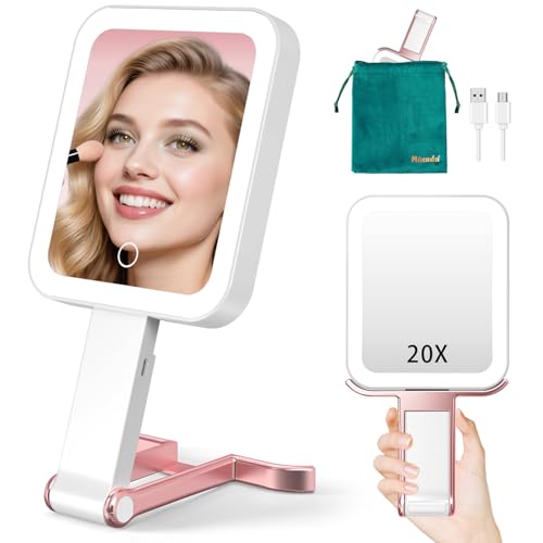 Mocado Travel Makeup Mirror with Lights,20X/1X Magnifying Mirror with Light, Double Sided Travel Mirror with 3 Color Light,Dimmable Touch,Lighted Makeup Mirror for Tabletop,Handheld,Hanging(Rose Gold)