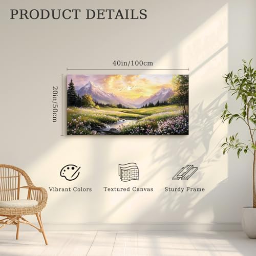 crmotu Large Landscape Wall Art, Mountain Wall Decor, River Wall Art, Natural Outdoor Canvas Prints, Meadow Wildflowers Pictures for Living Room Bathroom Kitchen Rustic Farmhouse 20x40inch