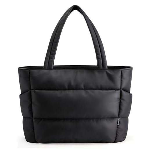 HOTOR Puffer Tote Bag for Women, Nurses - Multi-Pocket Lightweight Bag for Work - Quilted Handbag for Travel and Gym, Black, 18.1" x 6.3" x 11.8"