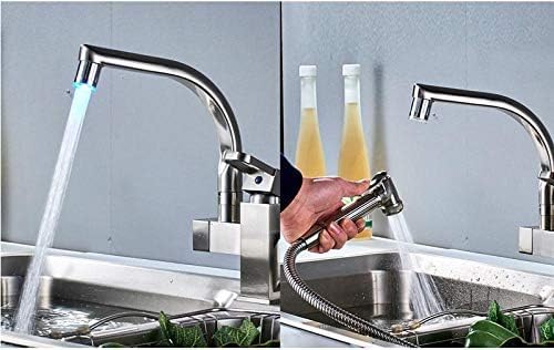 Robinet de cuisine double bec fini nickel brossé avec flexible eau chaude