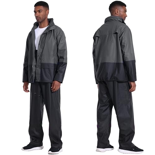 Image of Men's PRO Workwear 3-Piece Waterproof PU Rain Suit - Heavy Duty Hooded Jacket & Bib Pants for Outdoor Work, Sea Fishing