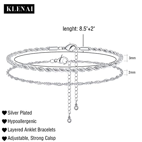 Klenai Layered Ankle Bracelets For Women, Silver Plated Anklets For Women Waterproof Handmade Minimalist Rope Wave Silve Anklet Silver Anklets For Women Foot Chain Beach Summer Jewelry Gifts #TOP4
