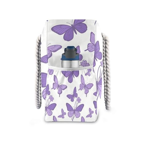 OTVEE Purple Butterflies Pattern Beach Bags for Women Ladies Large Canvas Tote Shoulder Bag Waterproof Travel Bags for Gym Swim Pool Camping3