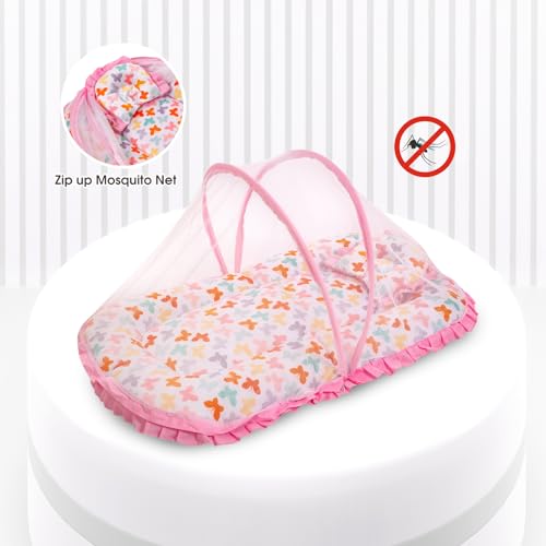 Image of Mee Mee Soft Bed Mattress Set | with Mosquito Net, Neck Pillow & Zip Closure | 100% Cotton Newborn Baby Bedding | with Attractive Butterfly Prints | for 0+ Months