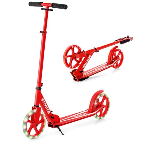 COSTWAY Scooter Plegable Altura Ajustable Carga de Capacidad 100kg Patinete con 2 Ruedas Luminosas para Niños Mayores de 10 Años (Rojo)